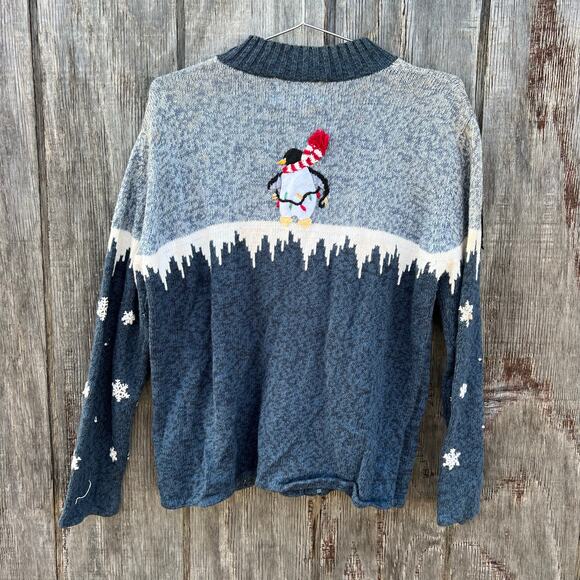Y2K Heirloom Collectibles Winter Christmas Penguins Icicles Snow Cardigan MEDIUM - Picture 3 of 8